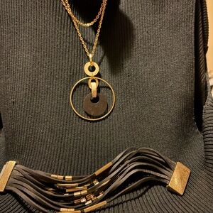 Gold and Black Layered Circle Pendant Necklace - Women Jewelry